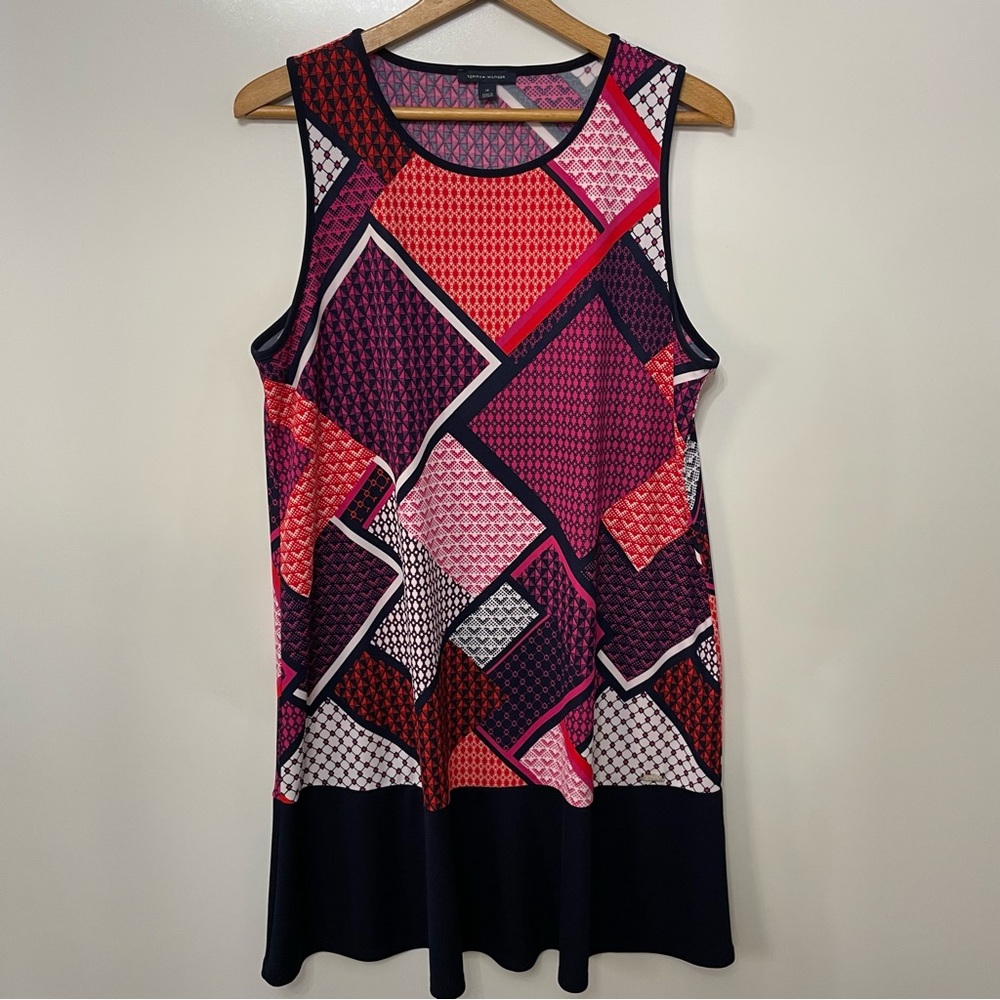 Tommy Hilfiger Summer Sleeveless Shift Dress Red, Pink, Blue Geometric, Size 14